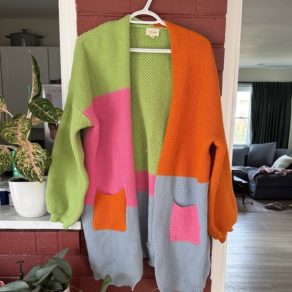 1.4.3. Story by Line Up Colorblock Knit Cardigan in Lime, Pink, Orange & Blue S